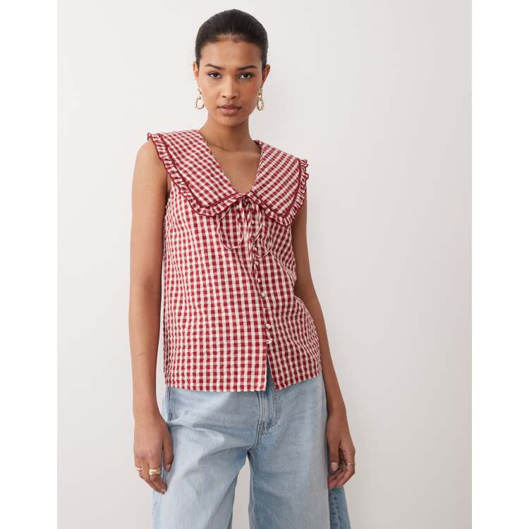 Nobody's Child Blair gingham blouse with ruffle collar in red | ASOS