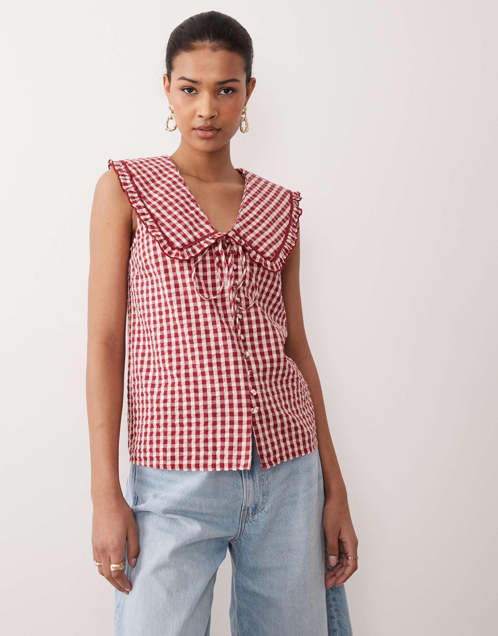 nobody's child blair gingham blouse with ruffle collar in red
