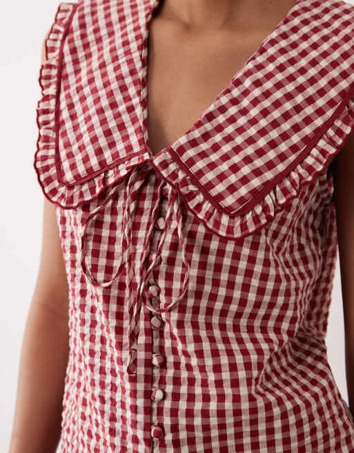 Nobody's Child - Blair - Rød bluse med flæsekrave og gingham-tern, 3 af 4