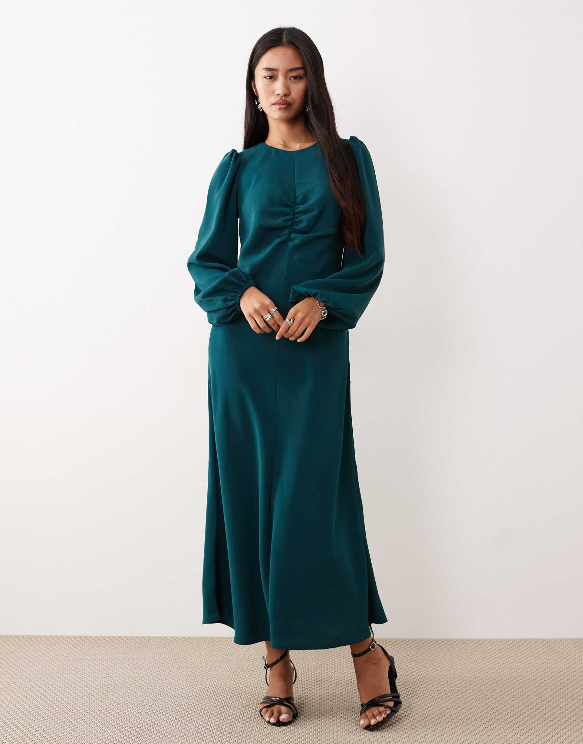 nobody's child blair ruched front midaxi dress in teal