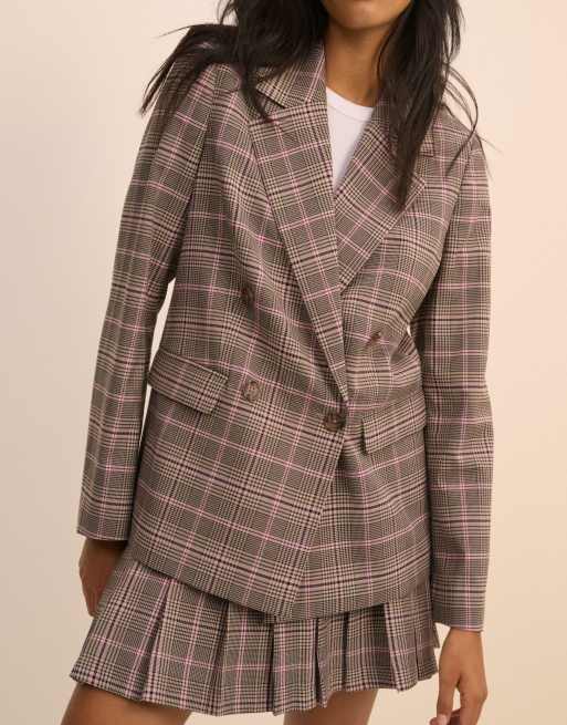 Nobody's Child - Blazer de costume d'ensemble ajusté à double boutonnage et carreaux - Rose, 3 de 5