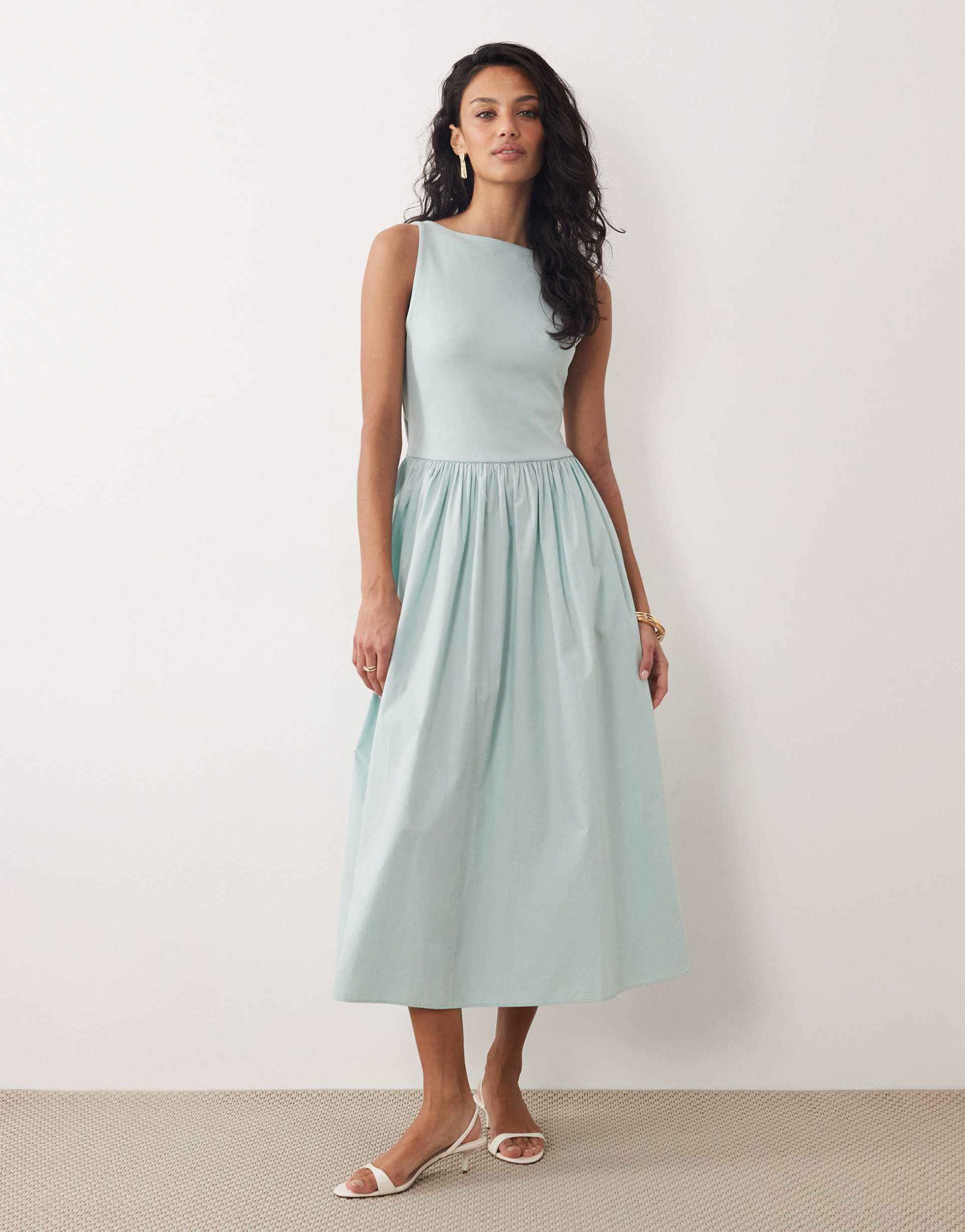 nobody's child boat neck scoop back detail midi dress in mint green