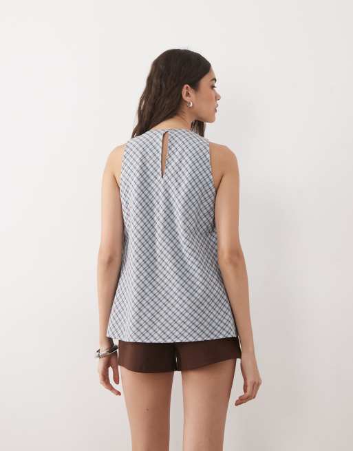 Nobody's Child Bonbon cotton cowl neck sleeveless blouse in light blue check, 4 of 4