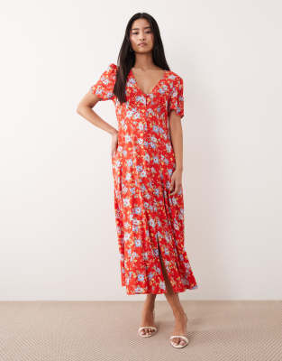 Bonnie - Robe mi-longue à manches courtes et col en V avec imprimé fleurs - Rouge 36