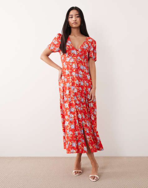 Nobody's Child Bonnie viscose v-neck short sleeve midi dress in red floral print - view 1