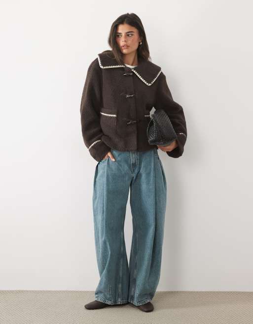 Nobody's Child borg whipstitch pocket detail short jacket in chocolate, 2 of 4