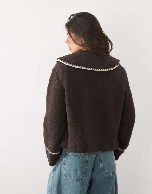 Nobody's Child borg whipstitch pocket detail short jacket in chocolate, 4 of 4