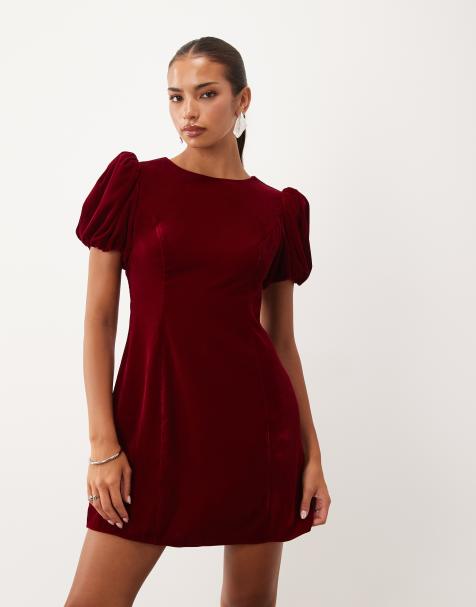 Nobody's Child Boston velvet puff sleeve mini dress in burgundy - view 1