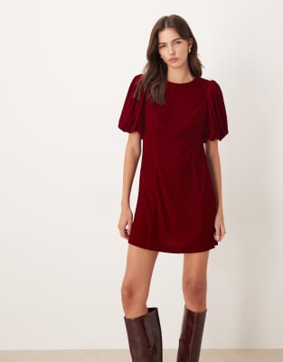 Nobody's Child Boston Velvet Puff Sleeve Mini Dress In Burgundy