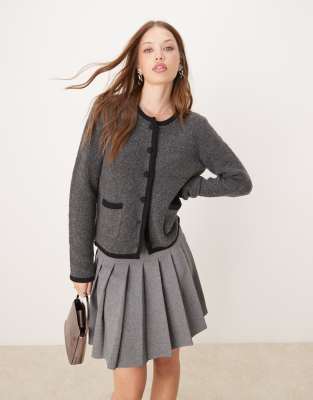 boucle crew neck cardigan in gray