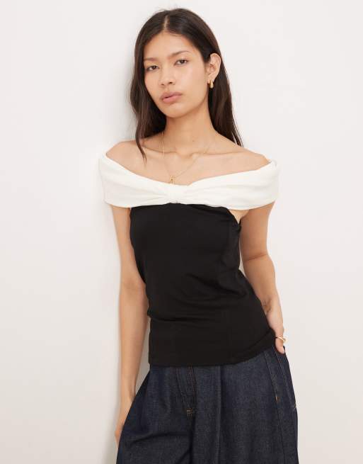 Nobody's Child bow bardot crop top in black mono