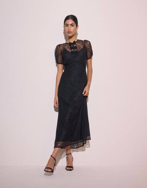 Nobody's Child Bow detail lace una midi dress in black