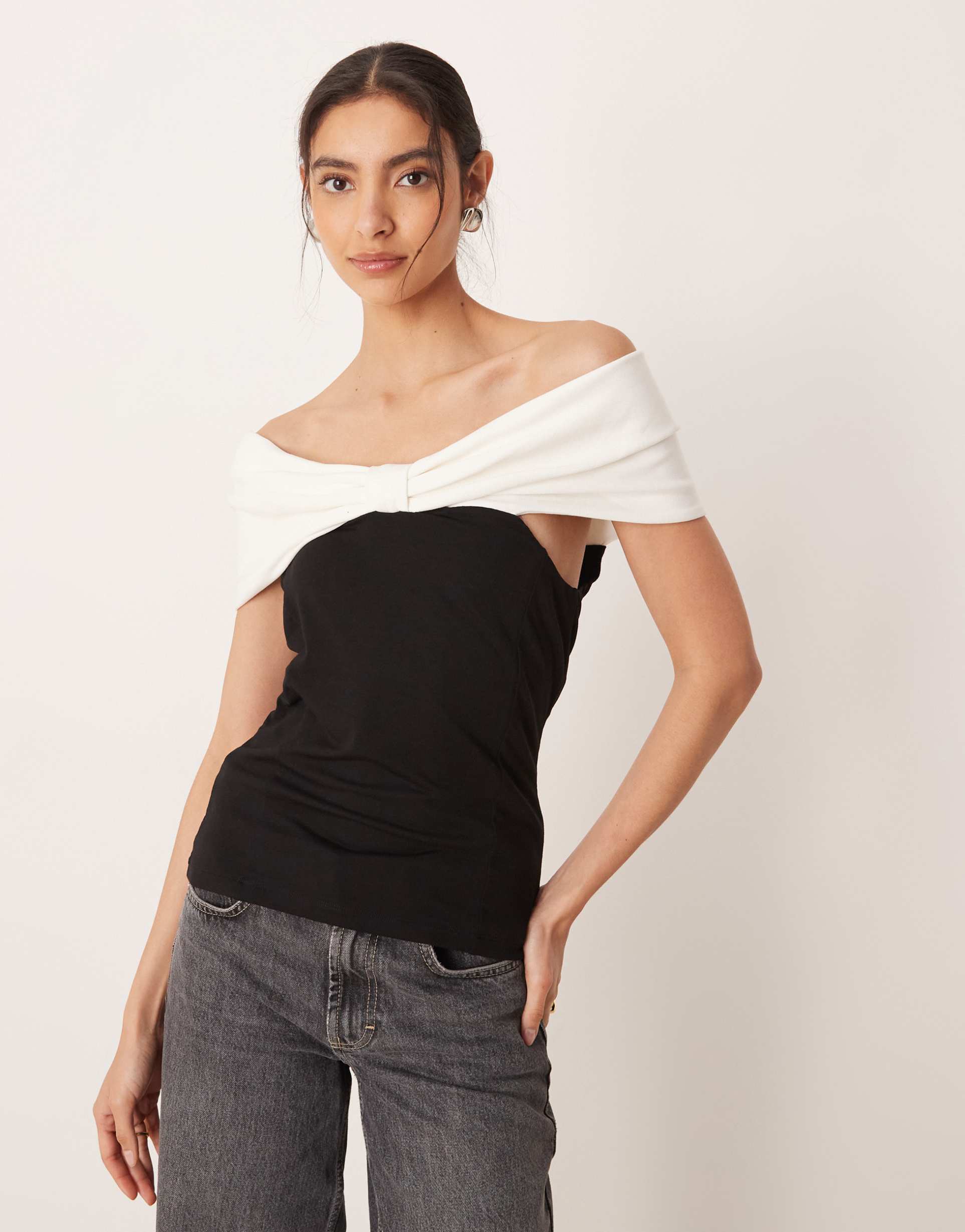nobody's child bow off the shoulder top in black and white
