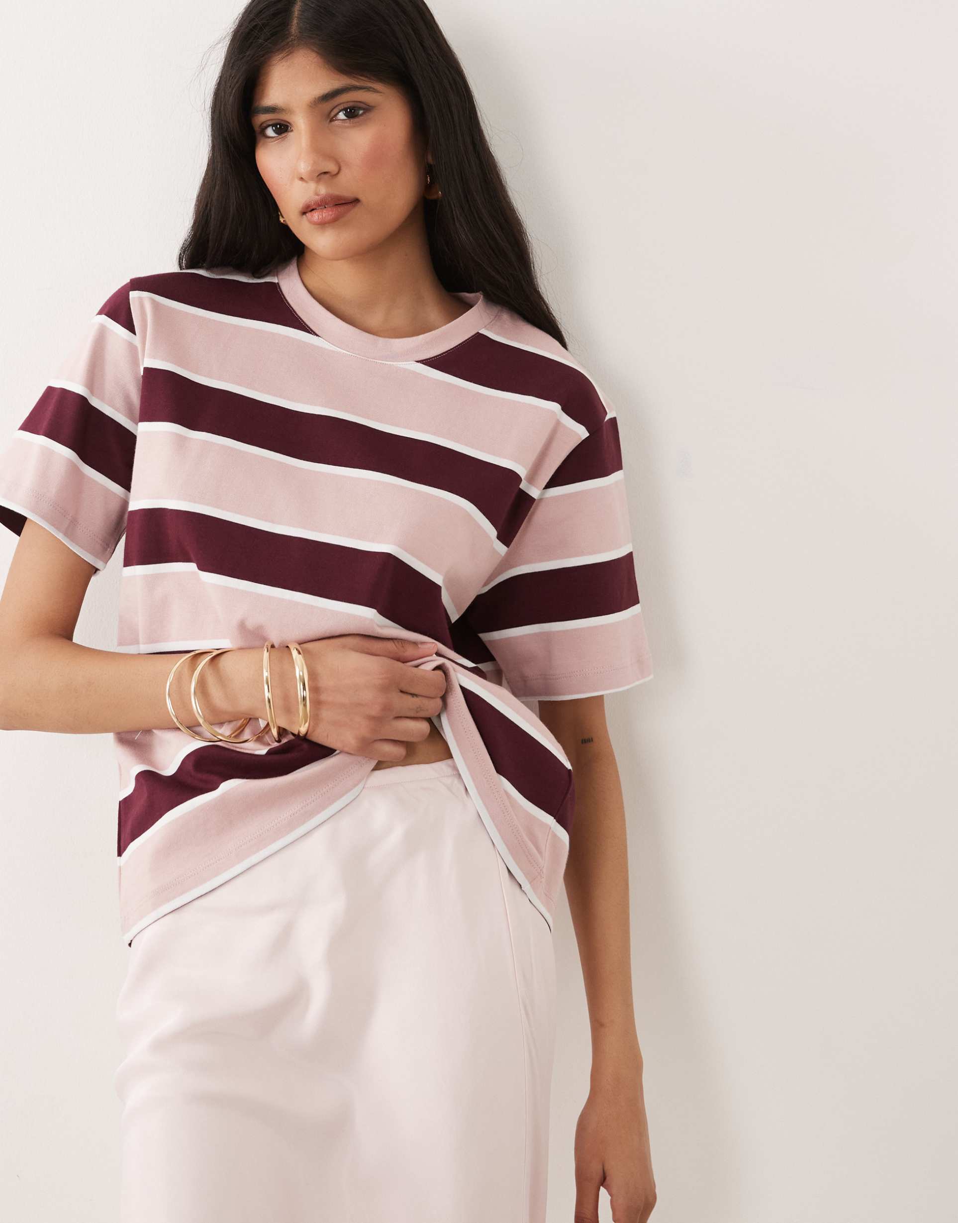 nobody's child boxy fit t-shirt in pink and burgundy stripe