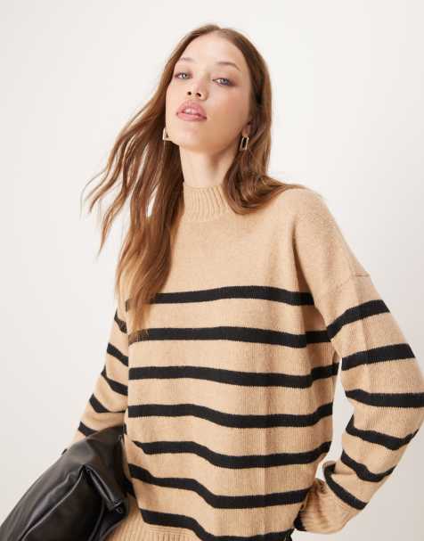 Nobody's Child – Brązowy sweter oversize z golfem w paski - view 1