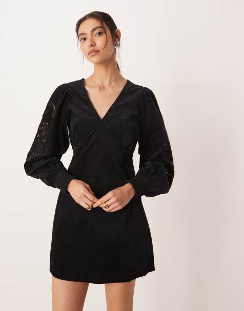 Nobody's Child Bree cord cutwork balloon sleeve v neck mini dress in black - view 1