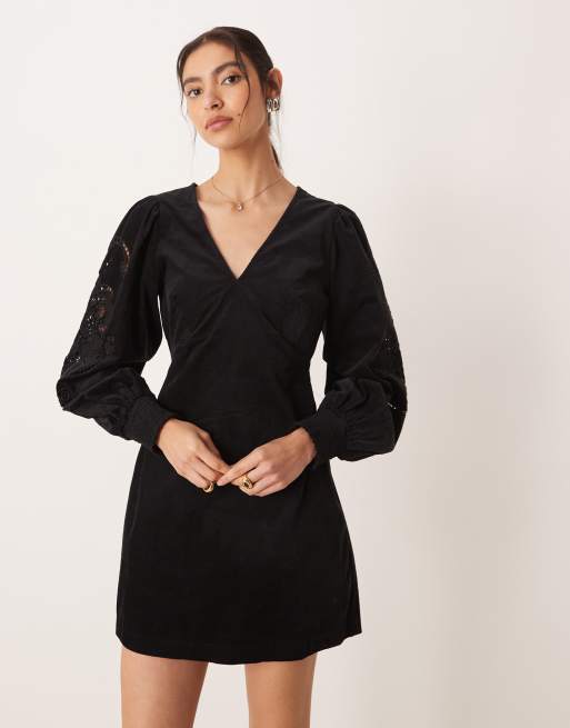 Nobody's Child Bree cord cutwork balloon sleeve v neck mini dress in black, 2 of 4