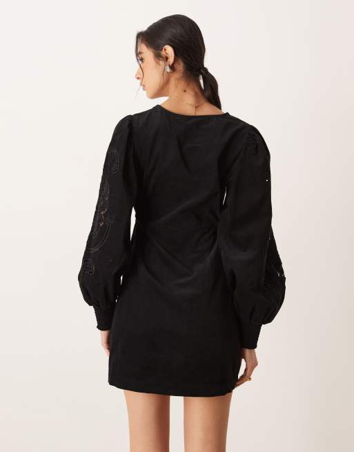 Nobody's Child Bree cord cutwork balloon sleeve v neck mini dress in black, 3 of 4