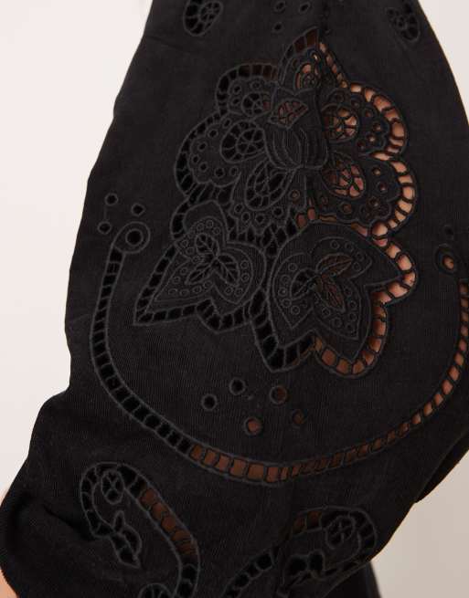 Nobody's Child Bree cord cutwork balloon sleeve v neck mini dress in black, 4 of 4