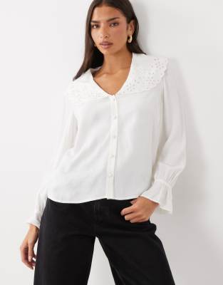 Nobody's Child Briar Lace Cutwork Oversized Collar Ruffle Sleeve Blouse In White
