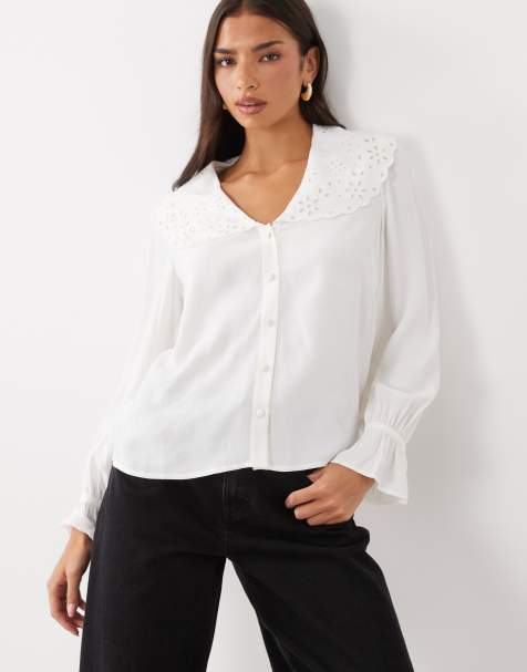 Nobody's Child Briar lace cutwork oversized collar ruffle sleeve blouse in white - view 1