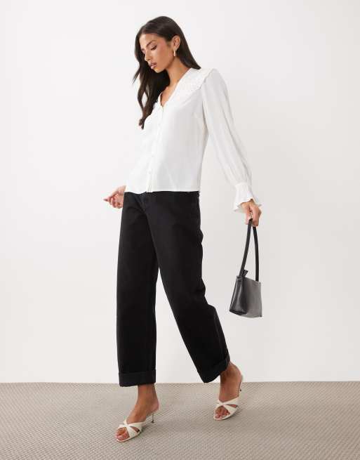 Nobody's Child Briar lace cutwork oversized collar ruffle sleeve blouse in white, 2 of 4