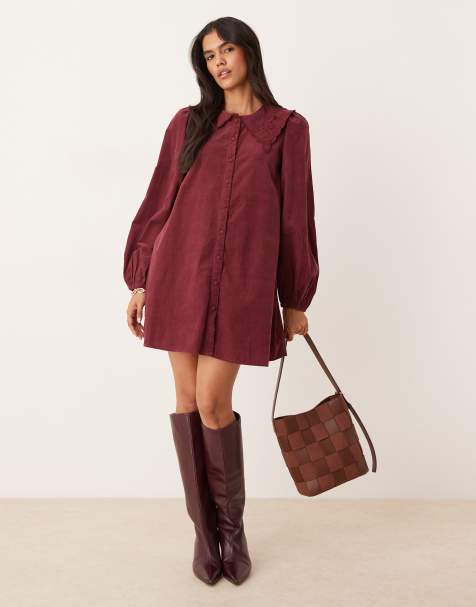 Nobody's Child - Bridget - Vestito grembiule corto in velluto a coste bordeaux - view 1