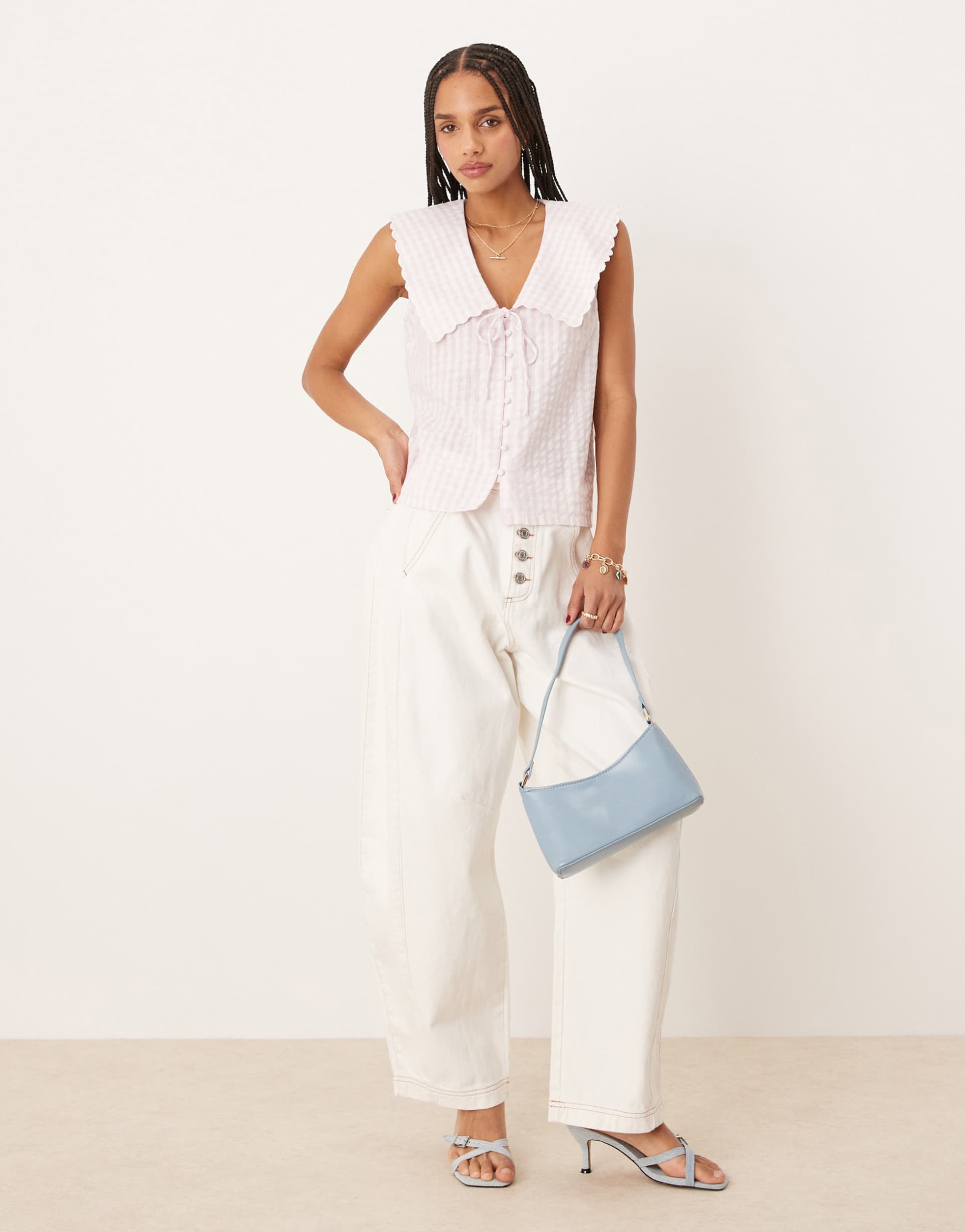 nobody's child bridie collared sleeveless top in lilac gingham