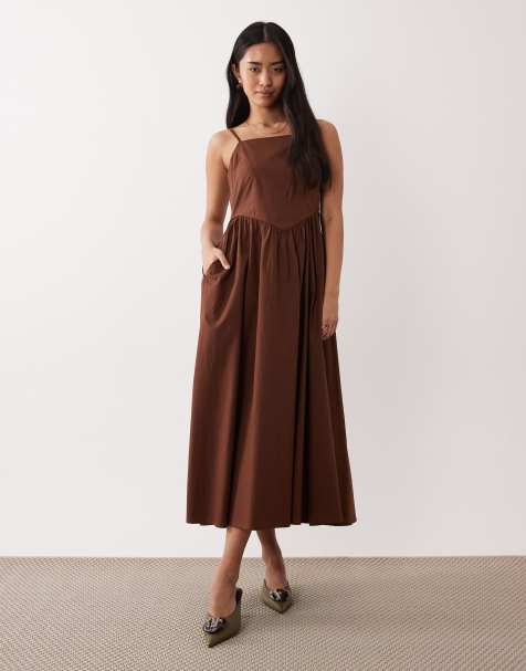 Nobody's Child Briella midi dress with tie shoulder in brown