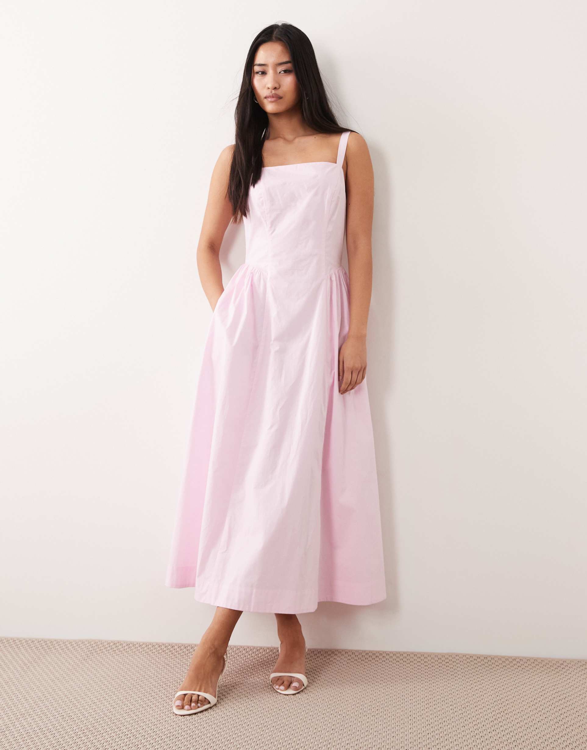 nobody's child brielle square neck cotton midi dress in light pink