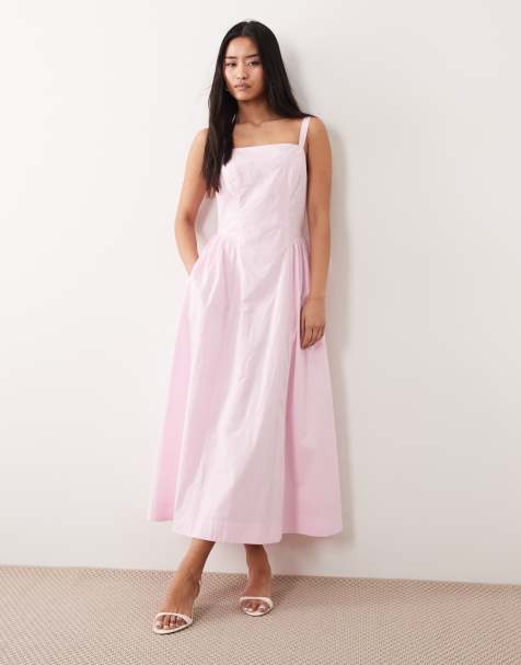 Nobody's Child Brielle cotton square neck hip pleat detail midaxi dress in light pink