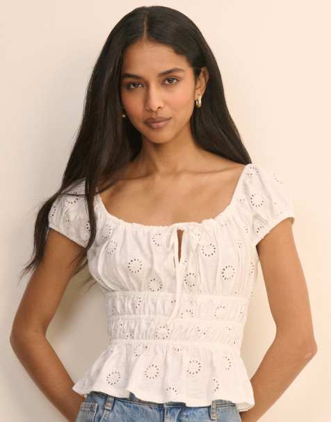 Nobody's Child Broderie anglaise shirred milkmaid top in white - view 1