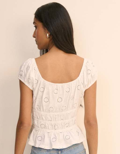 Nobody's Child Broderie anglaise shirred milkmaid top in white, 5 of 5