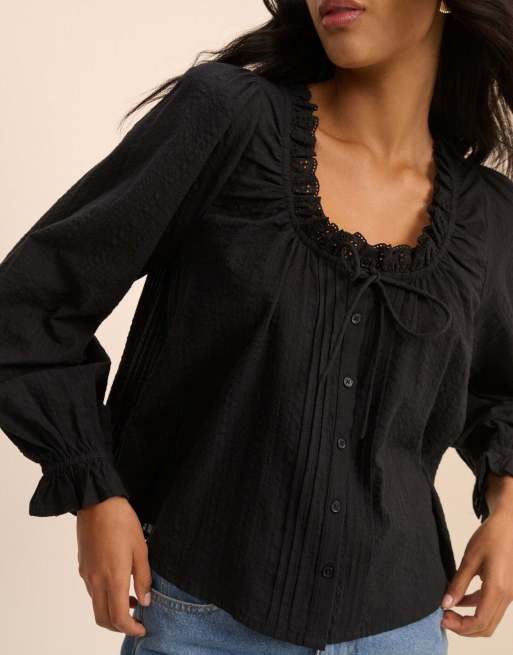 Nobody's Child Broderie anglaise trim lumi blouse in black, 2 of 5