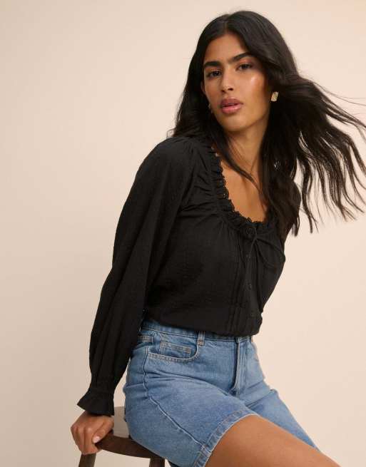 Nobody's Child Broderie anglaise trim lumi blouse in black, 3 of 5