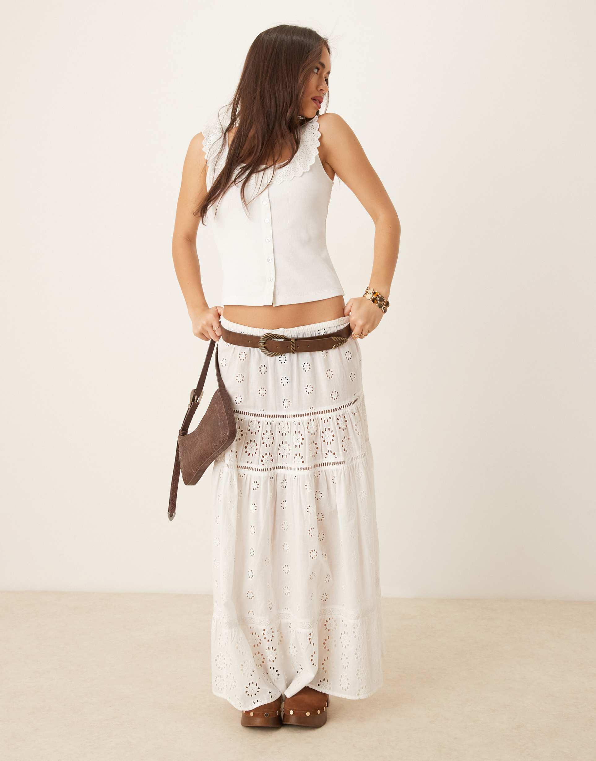 nobody's child broderie ruffle ribbed top in white
