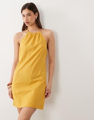 Nobody's Child Brooka Linen Blend Halter Neck Open Back Mini Dress In Yellow