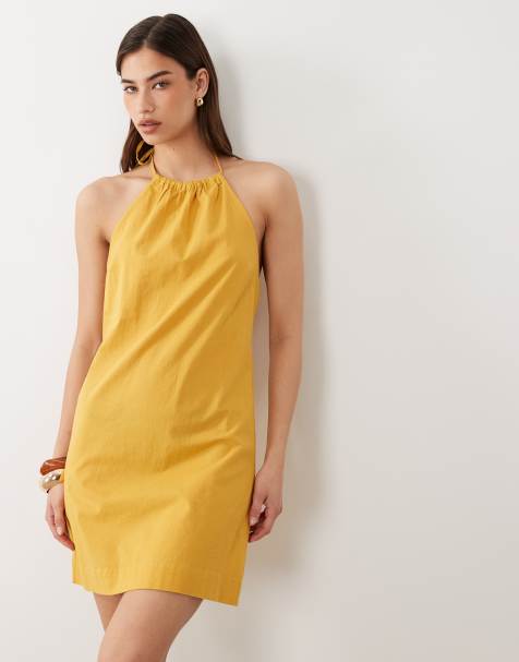 Nobody's Child - Brooka - Vestido corto amarillo con espalda descubierta y cuello halter de mezcla de lino - view 1