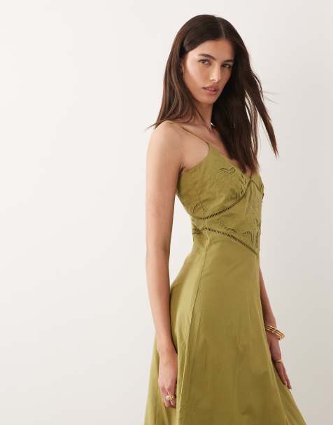 Nobody's Child Brooke cotton rich broderie anglaise detail cami midi dress in olive green - view 1