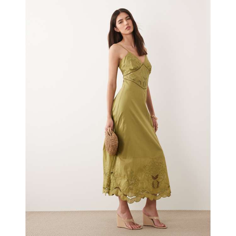 slim fit dress slacks Khaki Broderie Anglaise Brooke Midi Dress