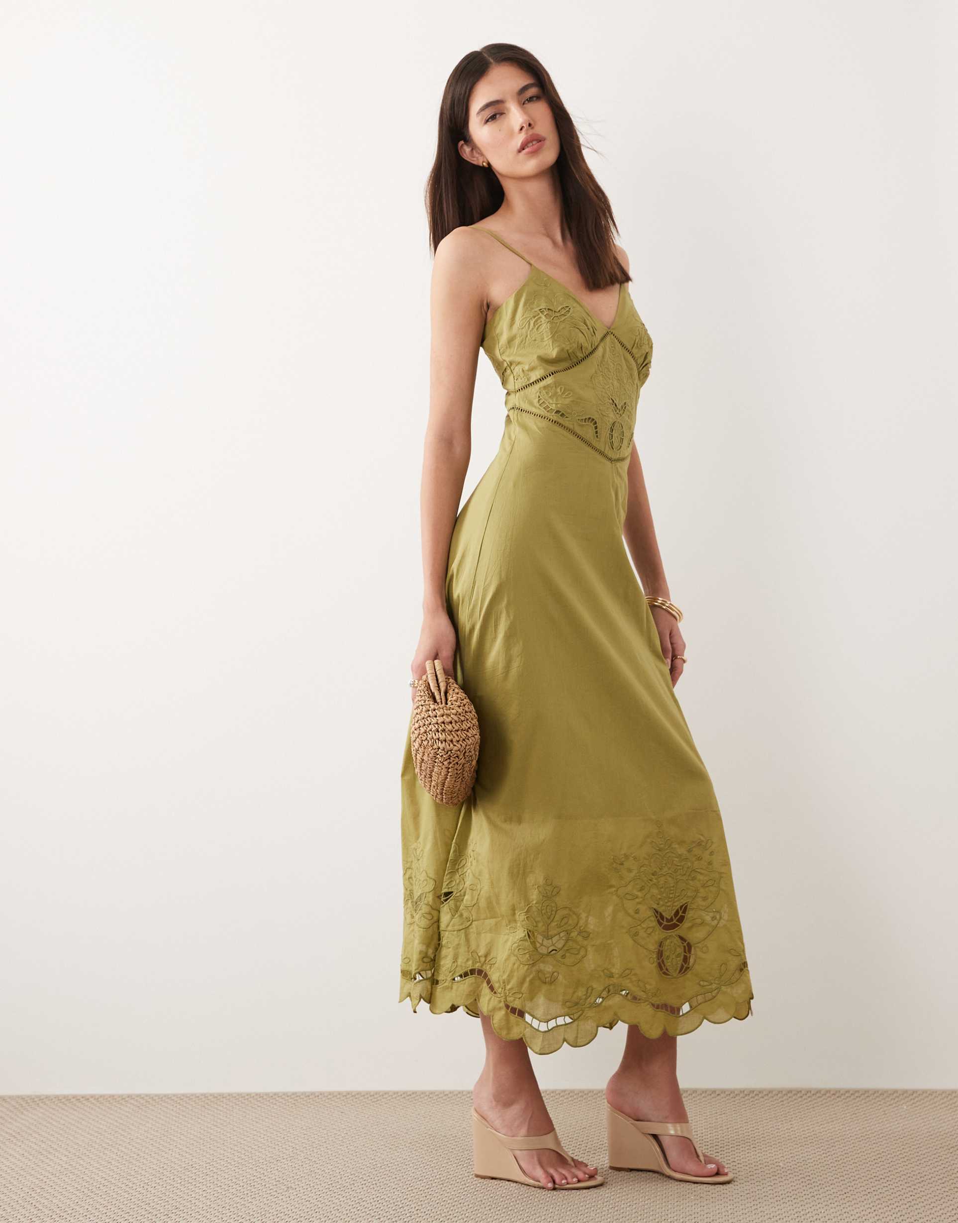 nobody's child brooke cotton rich broderie anglaise detail cami midi dress in olive green