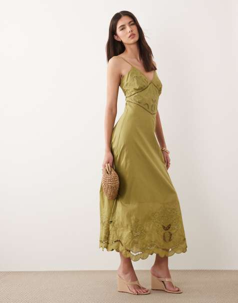 Nobody's Child Brooke cotton rich broderie anglaise detail cami midi dress in olive green