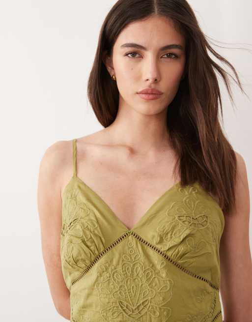 Nobody's Child Brooke cotton rich broderie anglaise detail cami midi dress  in olive green | ASOS
