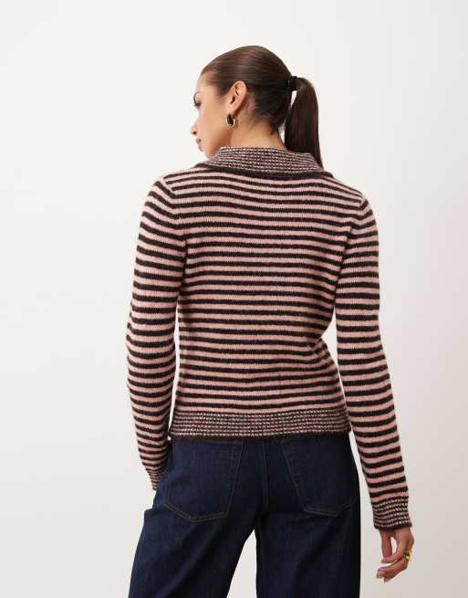 Nobody's Child button front collar detail cardigan in red and pink stripe, 3 of 4