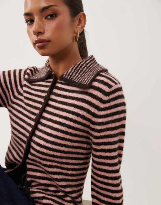 Nobody's Child button front collar detail cardigan in red and pink stripe, 4 of 4
