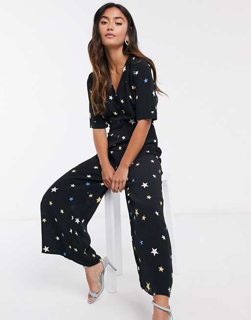 Nobody's Child button front jumpsuit in star print