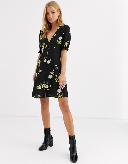 Nobody's Child button front mini dress in black floral