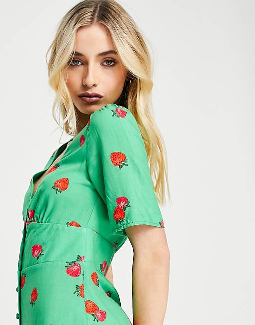 Women Nobody's Child button tea maxi dress in green strawberry print 