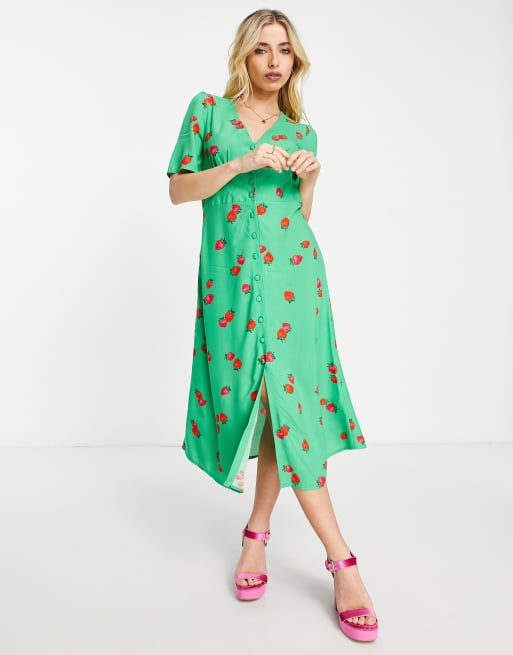 Nobody's Child button tea midi dress in green strawberry print | ASOS