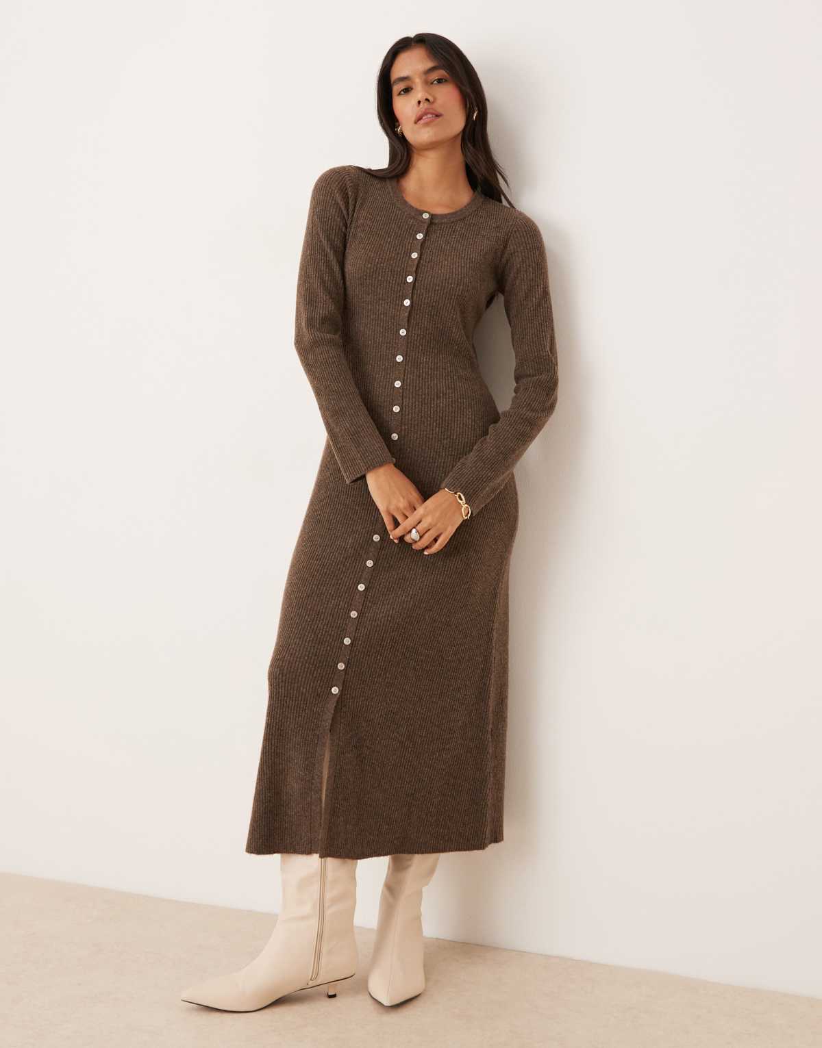 Nobody's Child button through knitted midi dress in beige